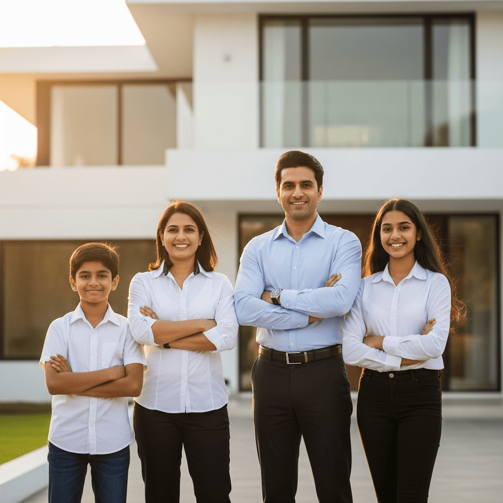 Happy family in front of modern home